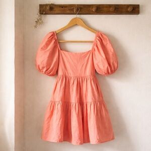 Pink Off-the-Shoulder Puff Sleeve Tiered Mini Dress